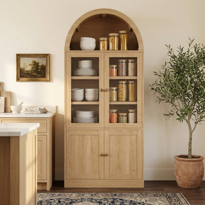 Tall Arched Storage Cabinet with Glass Doors 5 Tier Shelves Display Bookcase