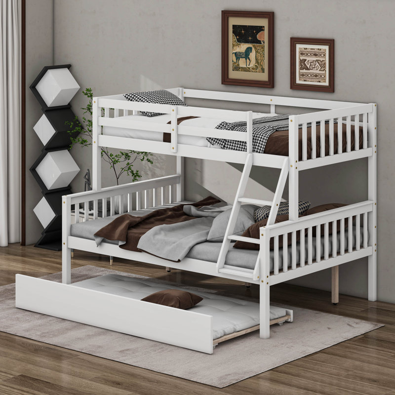 Twin Over Full Rubber Wood Bunk Bed With Trundle,  Convertible Bed, With Twin Size Trundle, White
