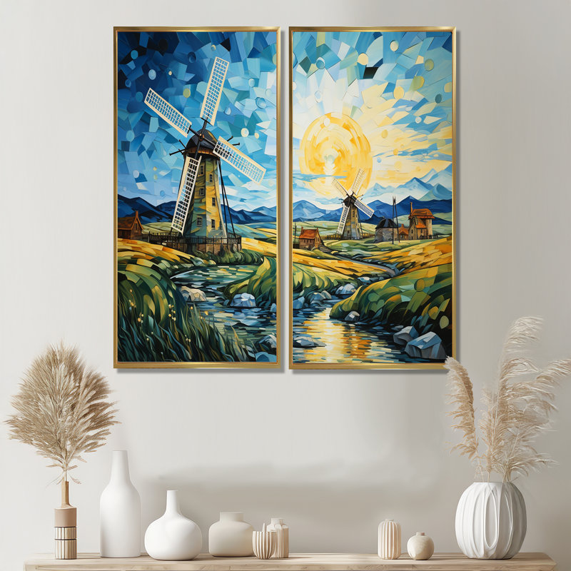 «Blue Calm Windmill Meadows», art mural industriel, 40" H x 40" W, Impression encadrée flottante, Gold