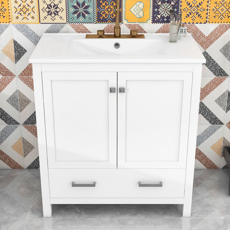 Meuble-lavabo avec lavabo simple, 2 portes et tiroir, Blanc