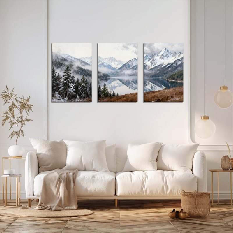 «Snowy Mountain Reflection», impression sur toile tendue sur toile (ensemble de 3), H 18 po x l 36 po