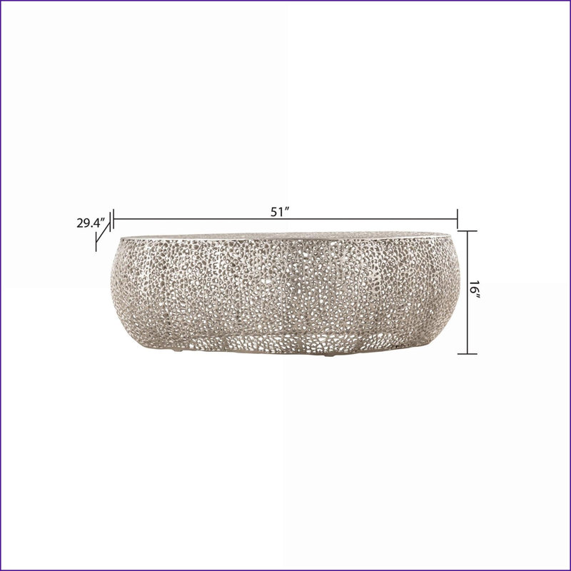 Table basse moderne ovale argentée avec cadre en aluminium coulé - Centre de table de salon contemporain, Argent argent