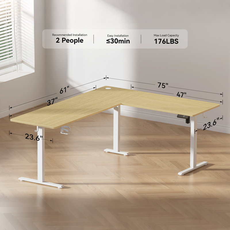 75" Reversible L Shaped Standing Desk, Height Adjustable with Cup Holder, Electric Corner Computer Workstation, Sit Stand up Home Office, Ergonomic Gaming, Oak