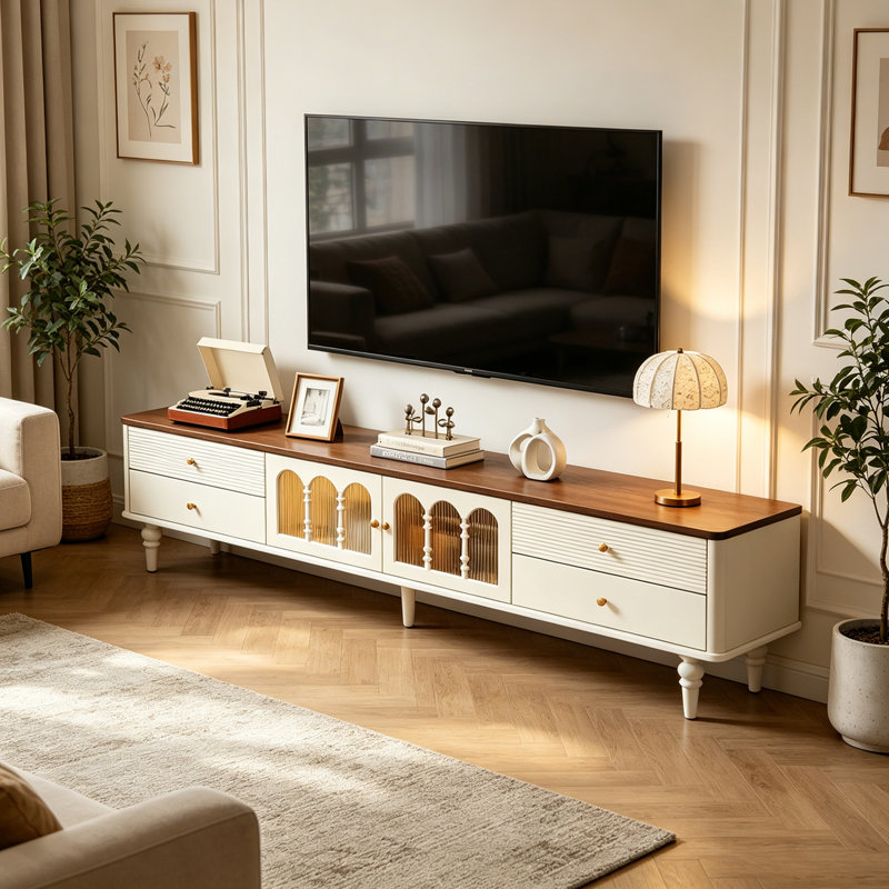 Meuble télé avec rangement Artistic Retro, 20.86" H x 86.61" W x 15.74" D, Brown/White