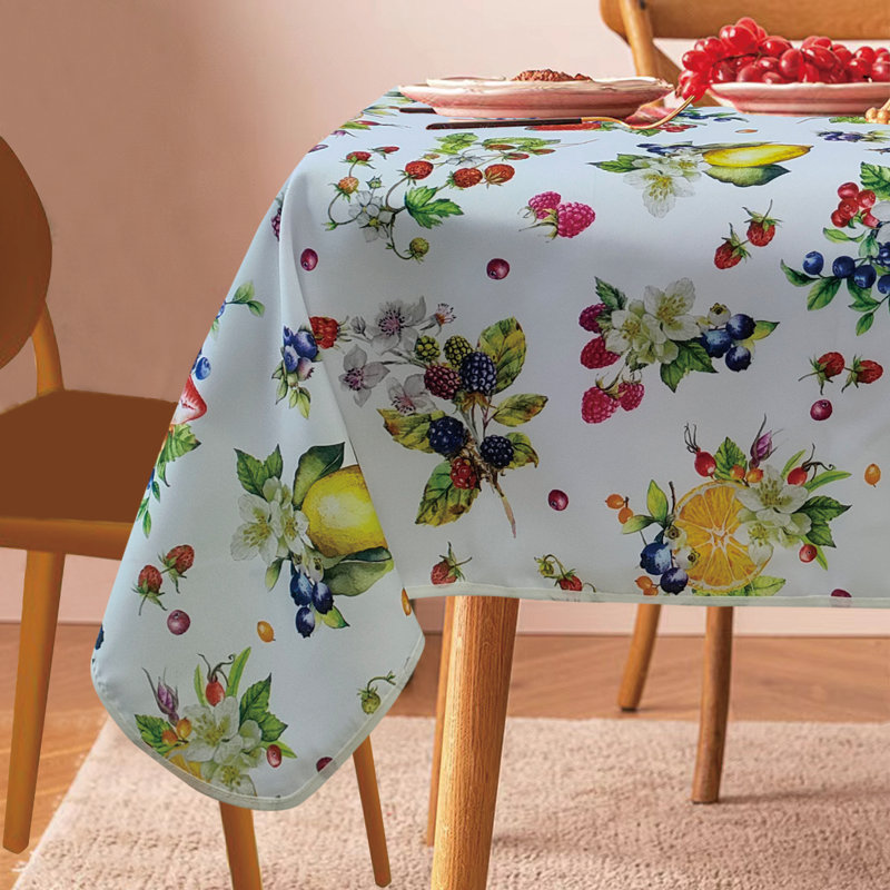  European Floral Botanical Berries Fruits Strawberry Pattern, Polyester Woven Printed Fabric, Multi , 60 inch by 120 inch, Seats 10 to 12 people, Rectangular Tablecloths