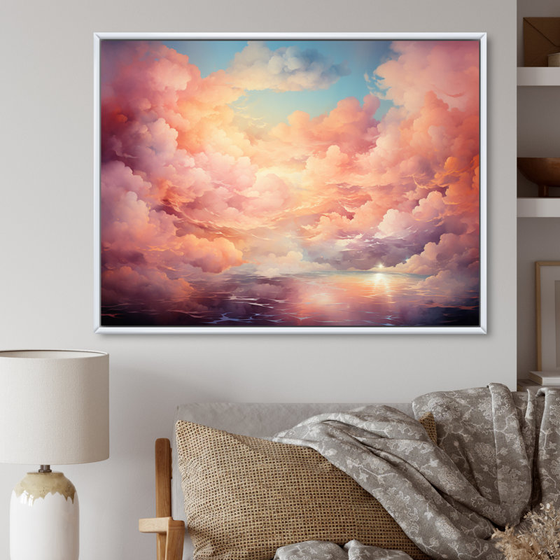 «Peach Sky Astral Symphony I» sur toile, H 34 po x l 44 po x P 1,5 po, Cadre flottant blanc