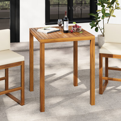 Table de bar d'extérieur en bois avec design, silhouette rectangulaire, plateau à lattes, hauteur de 39,5 pouces, couleur, profondeur et largeur de 31,5 po, poids de 29,03 lb, aspect naturel, pieds fuselés lisses, finition complémentaire,
