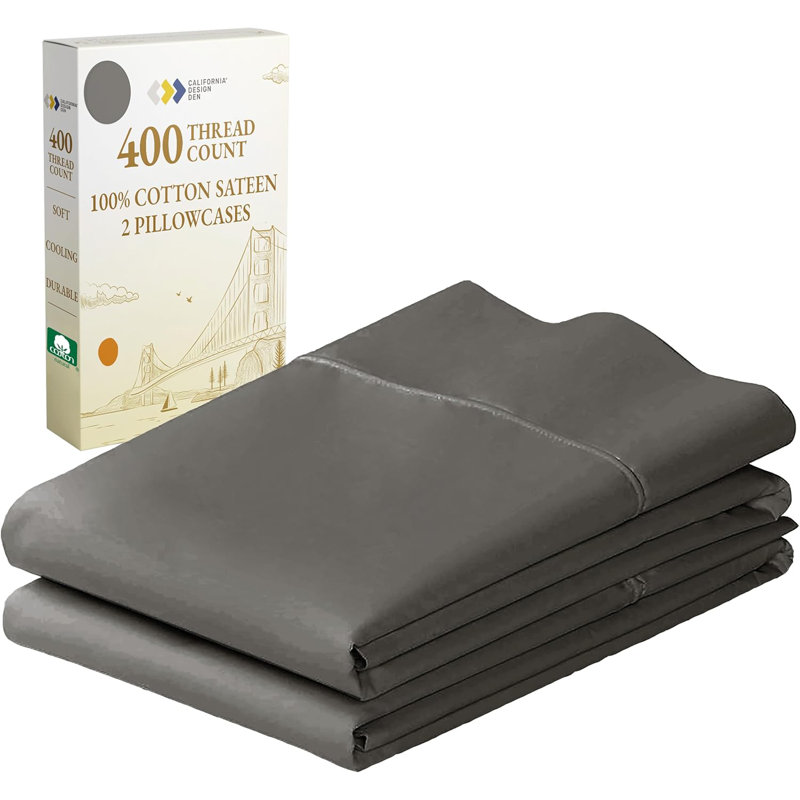 Ensemble de taies d'oreiller - contexture 400 fils, satin de coton à 100%, ensemble luxueux de 2 housses de coussin, respirant, rafraîchissant, doux pour un sommeil de qualité confortable - gris