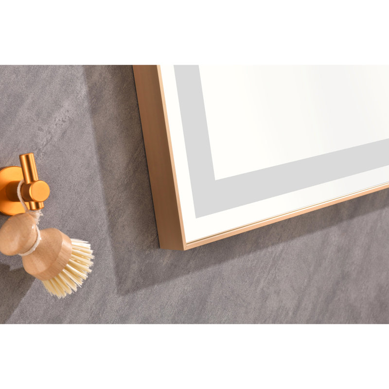 Miroir de salle de bain 60 po x 36 po à DEL, fixation murale, effet brouillard, 3 températures de couleur, gradation continue, cadre en aluminium, miroir de meuble-lavabo doré brossé 60 po, 36 po, couleurs disponibles, cadre