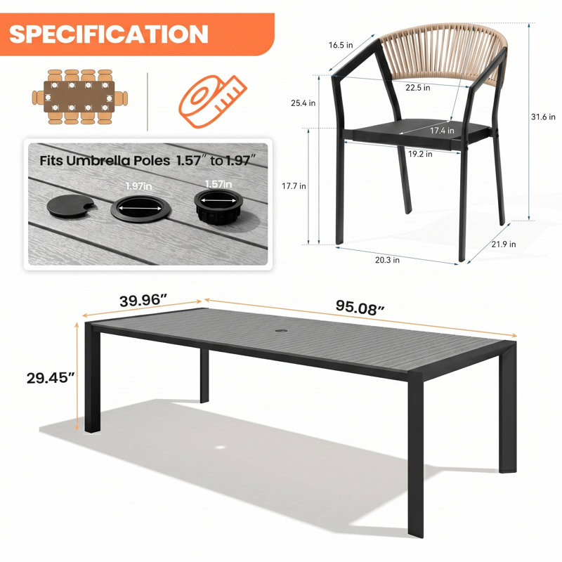 10 - Person Aluminum Outdoor Dining Set With Stacking 8-Lb Chairs And Umbrella Hole, Dark Gray, Brown