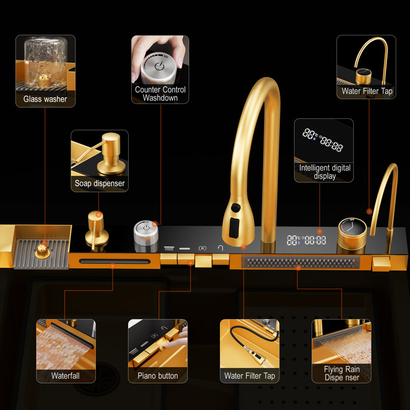 3Starz Gold 29.5 X 17.7 Inchdigital Display Kitchen Sink, 304 Stainless Steel Nano Coated Drop-In Sink With Dual-Track Workstation, 5 Spray Modes & Quiet Under-Mount Installation