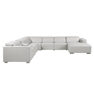 Canapé modulaire en cuir véritable gris clair 7 pièces faisant face à la droite avec 2 fauteuils inclinables électriques et appuis-tête réglables