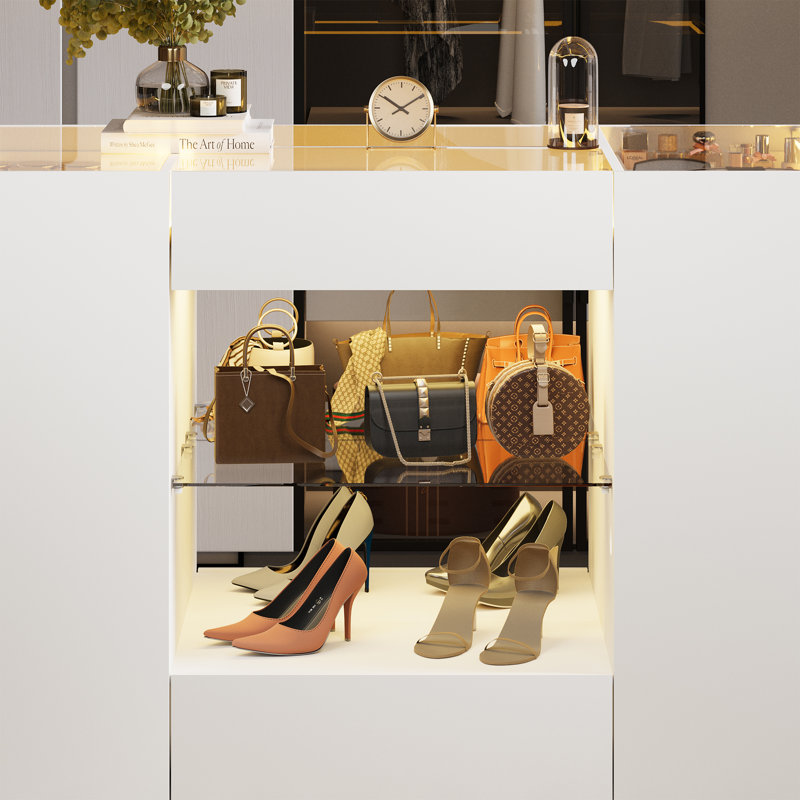 Îlot de placard moderne avec vitrine, éclairage à DEL et beaucoup de rangement, Blanc