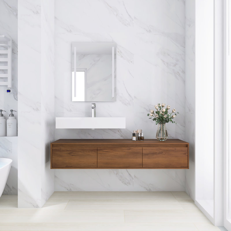 Meuble-lavabo mural simple 60 po avec lavabo en résine, 3 tiroirs à fermeture en douceur, montage flottant