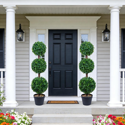 2 Pack Ball Boxwood Topiary Tree with Black Planter for Home Office Decor