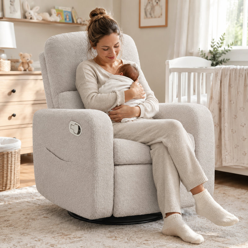 Reiby 36" Modern Upholstered Teddy Boucle Swivel Rocker Glider Recliner with Wider Armrest and Double Pocket, 360" Swivel Nursery Glider Recliner