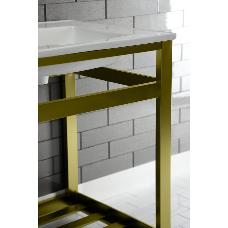 Kingston Brass Quadras 25-Inch Ceramic Console Sink with Stainless Steel Base and Shelf, 4" Centers, White/Brushed Brass