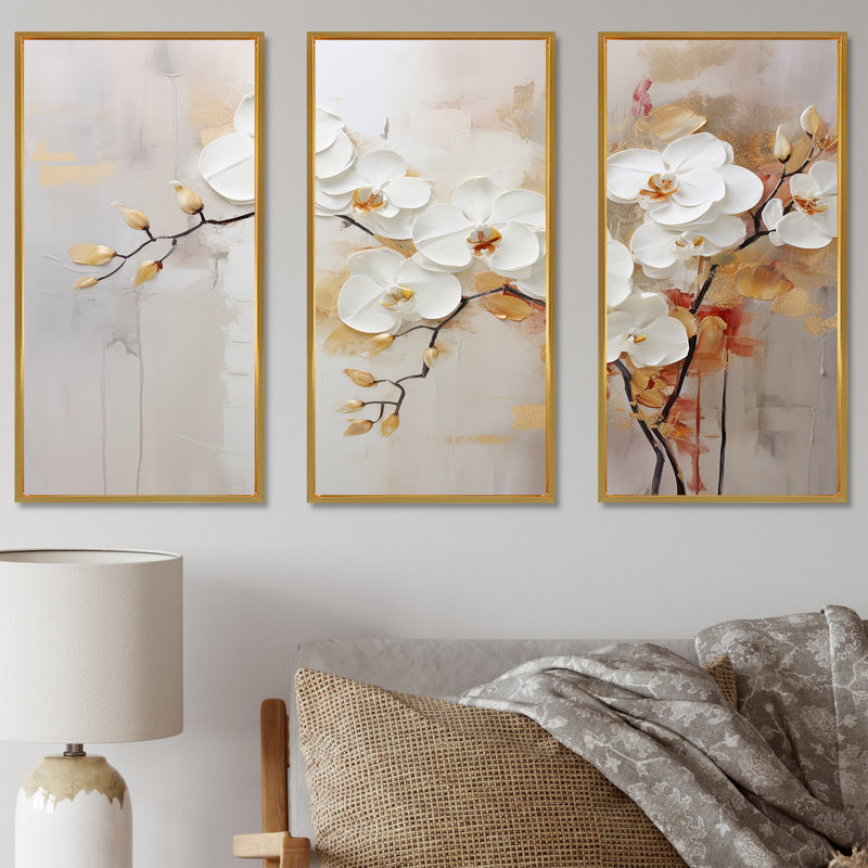 Minimalisme beige et orchidées II - ensemble d'art mural sur toile Orchidées, Cadre flottant doré, H 40 po x l 60 po x P 1 po