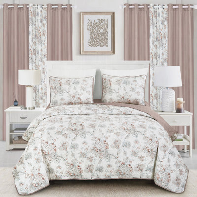 Ensemble de couvre-lit 10 pièces en microfibre à imprimé floral avec rideaux assortis dans un motif floral rétro neutre, très grand