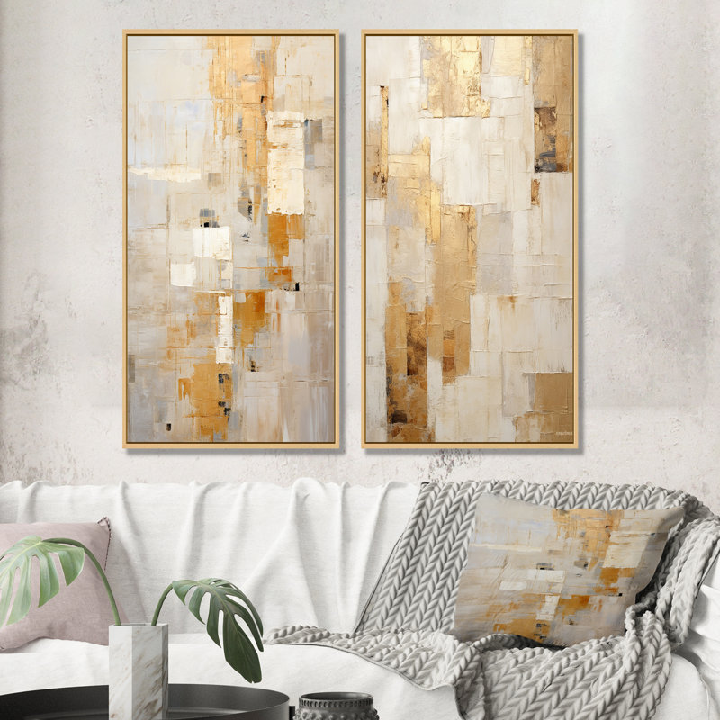 Ensemble de salon beige et doré Dream Collage - Formes abstraites, ensemble de 2, H 32 po x l 33 po, Encadrement brun