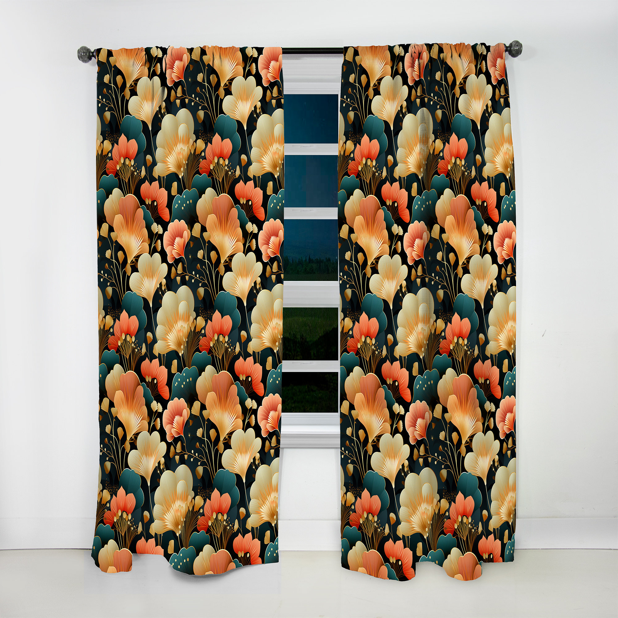 1950s Miami Deco Petal Splendor - Floral Curtain - Velvet Room Darkening - 1 Panel Design Art Size per Panel: 52\, image size:2000x2000