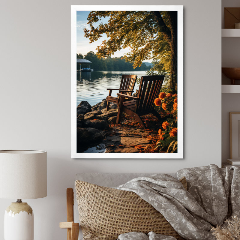 Waterfront Benchs I - reproduction sur toile, 44" H x 34" W, White Picture Framed