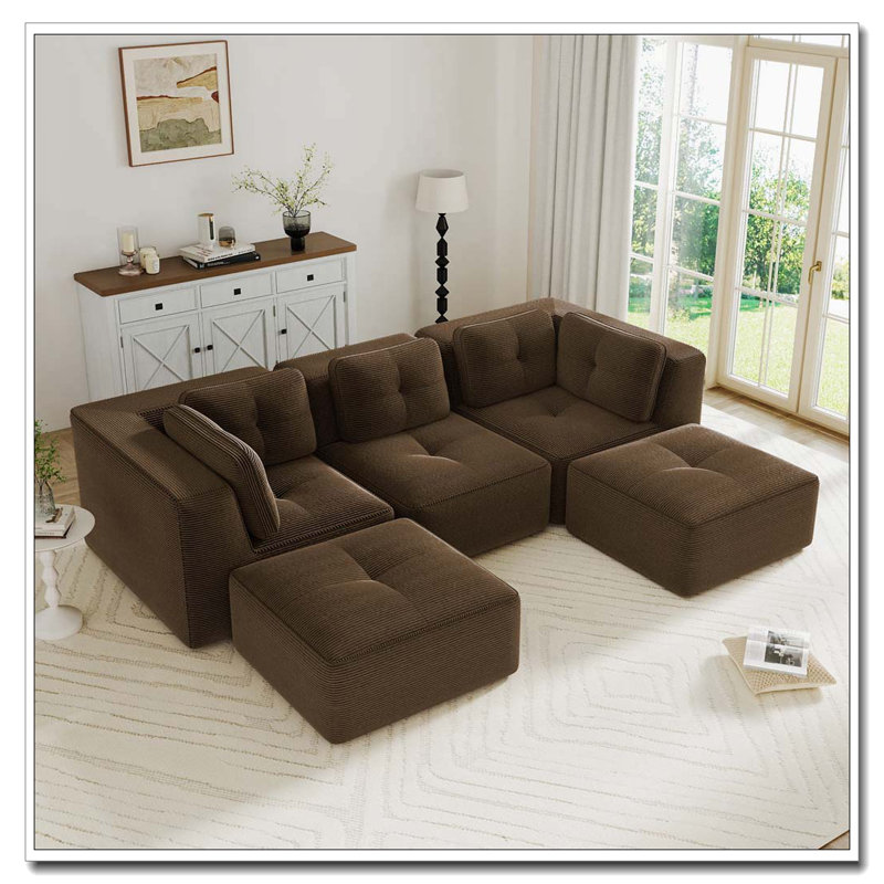 Canapé modulaire moderne, capitonné, sans assemblage, antidérapant, Brun - 3 sièges + 2 chaises