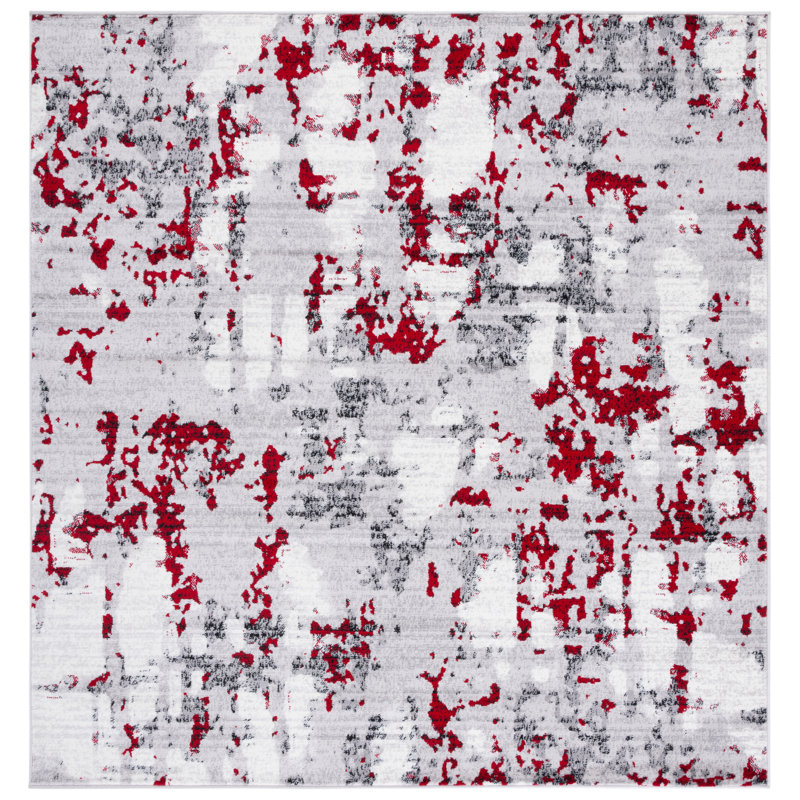 Tapis gris / rouge / blanc à motif abstrait Mascia, Carré 6 pi 7 po