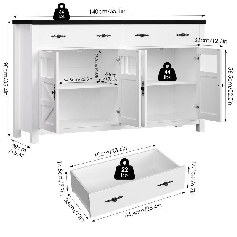 55.1" Nostrand 4 Door Accent Cabinet, White/Black