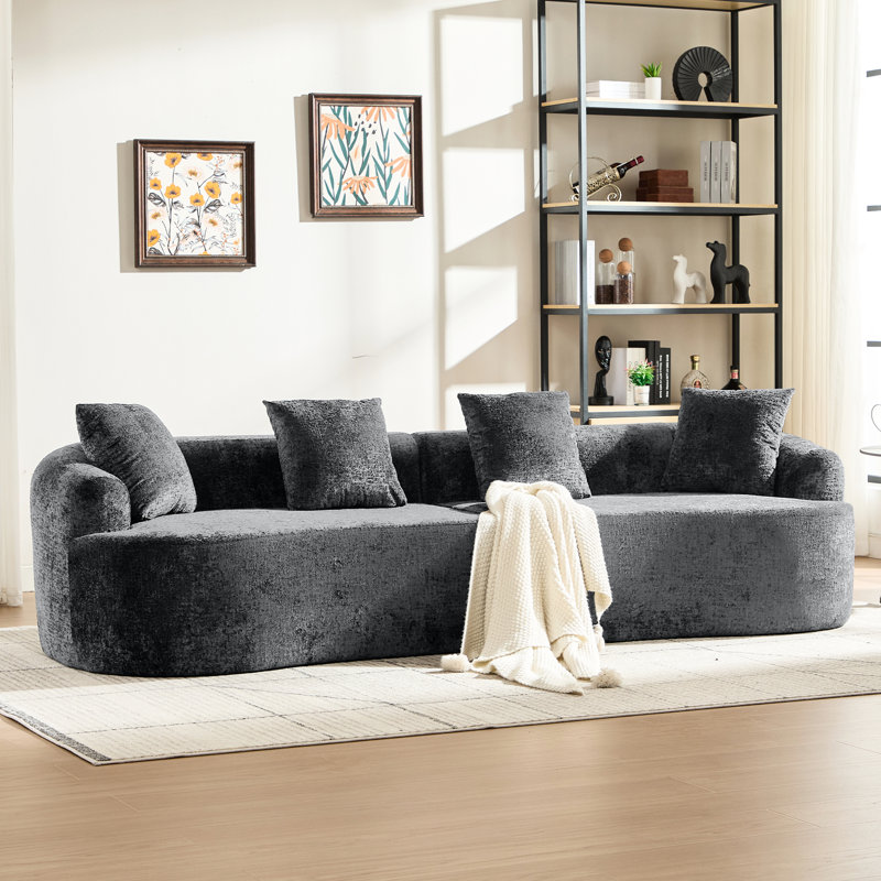 Petit canapé incurvé en chenille avec 3 coussins, assise profonde idéale pour appartement, gris, soutien en mousse à mémoire de forme, aucun assemblage requis, espace pour animaux de compagnie, coussins, installation nécessaire, tissu