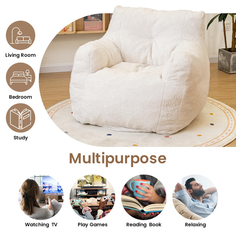 Aeri Compression Medium Adult Soft Fabric Bean Bag Chair With Foam Filled, White Velvet