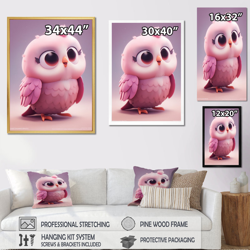 Adorable petite chouette rose - animaux, impression sur toile, Toile tendue, H 44 po x l 34 po