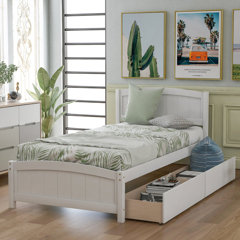 Lit plateforme simple en bois de pin massif avec deux tiroirs, élégant et durable pour les chambres modernes