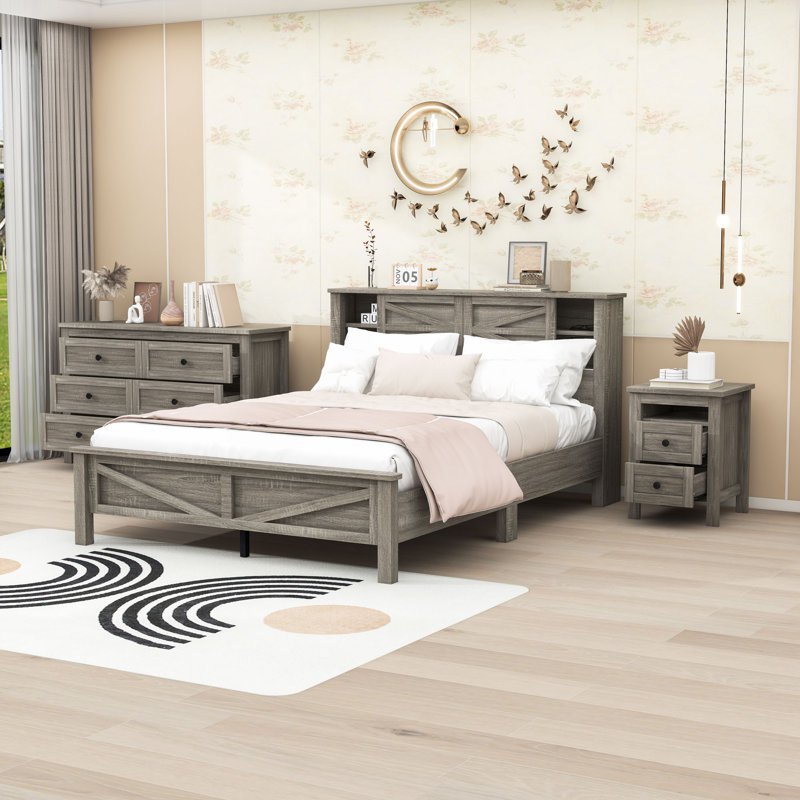 Ensemble de chambre à coucher, lit plateforme avec tête de lit, table de chevet et commode 3 pièces Kuehne, Gris antique