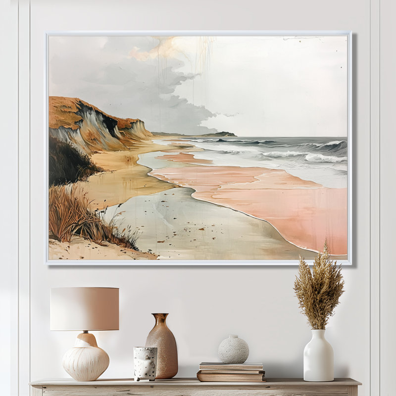 «Avaiya Bold Rose Sand Beach Horizon II», art mural vagues côtières, H 24 po x l 32 po, Avec cadre, Blanc