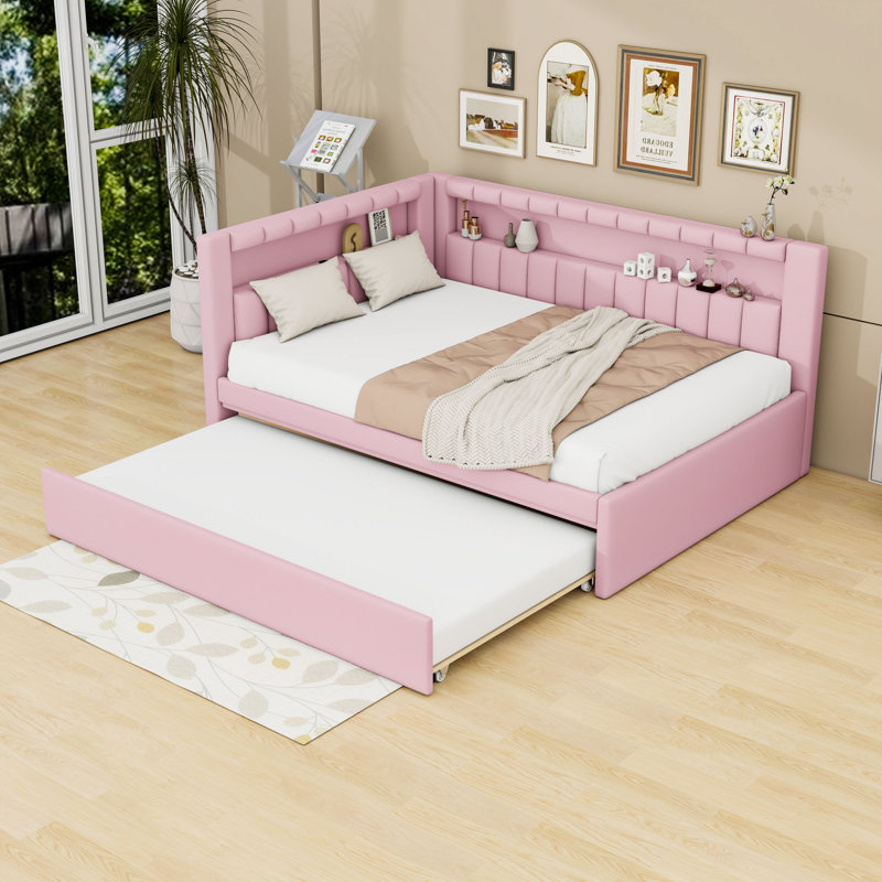 Full Upholstered Daybed with USB Ports, LED Belt and Twin Trundle, Pink