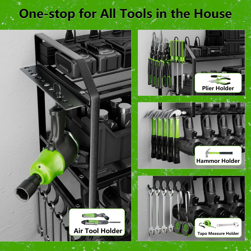 Heavy-Duty Wall-Mounted Tool Organizer With 3 Layers, 5 Slots For Drills And Multiple Tool Storage