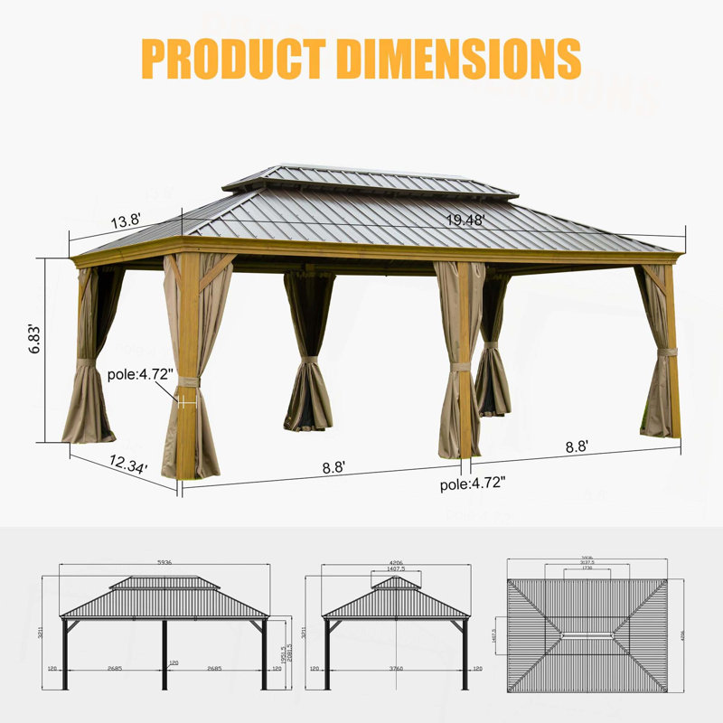 Hardtop Gazebo, Wooden Coated Aluminum Frame Canopy with Galvanized Steel Double Roof, Outdoor Permanent Metal Pavilion with Curtains and Netting for Patio, Deck and Lawn