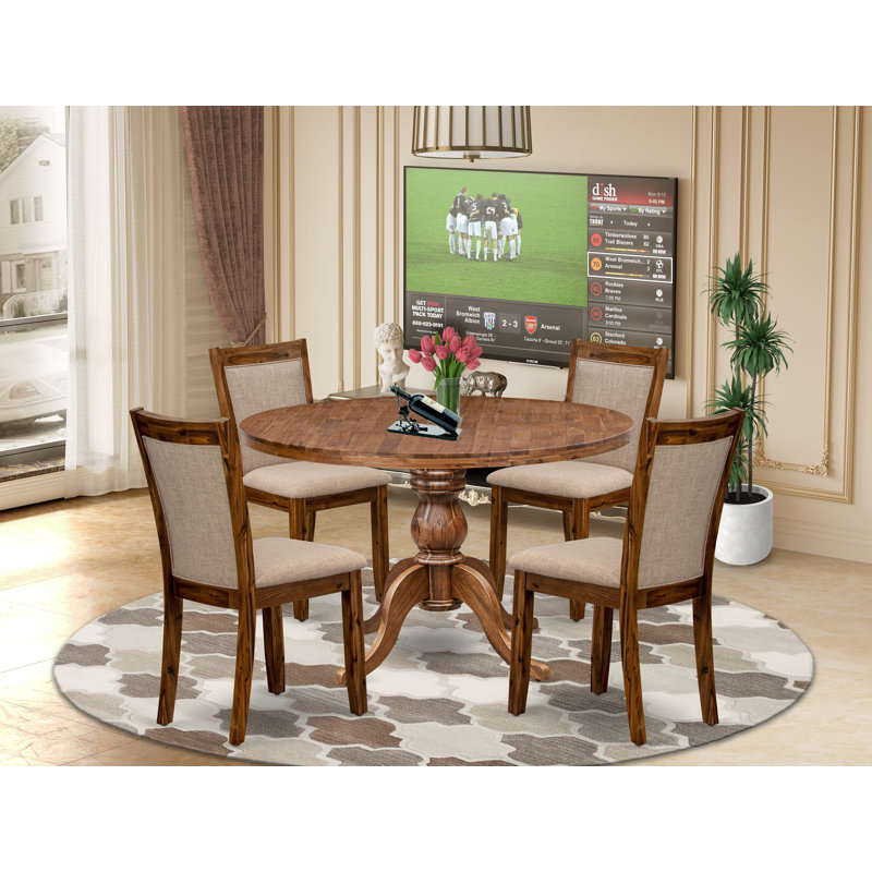 L'ensemble de table de cuisine 5 pièces comprend une table de salle à manger en bois à piédestal et 4 chaises de salle à manger en lin brun clair avec dossier rembourré - noyer antique