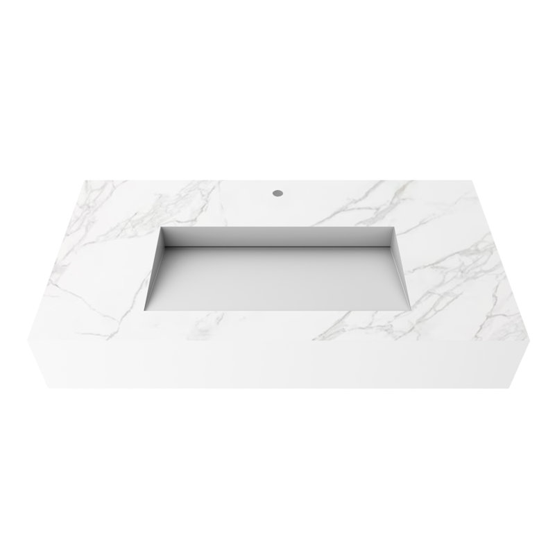 Lavabo de salle de bain mural rectangulaire 36 po Pyramid - fini marbre blanc mat avec trou pour robinet, Marbre blanc
