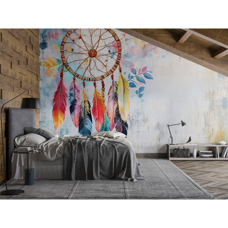 Dreamcatcher With Colourful Feathers – Bohemian Artistic Home Accent Wallpaper – Ethereal Boho Decor Vibes , 10" L x 8" W