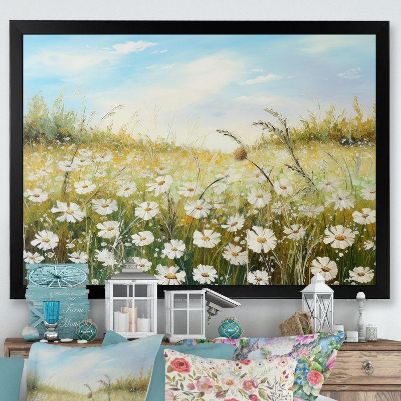 Champ de fleurs marguerites au soleil, Cadre simple noir, H 12 po x l 20 po x P 1 po