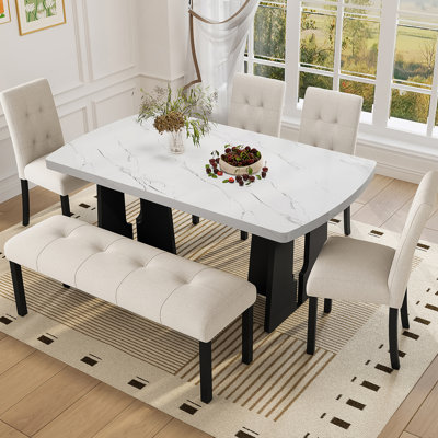 Ensemble de table de salle à manger 6 pièces, table de salle à manger avec 4 chaises rembourrées et 1 banc