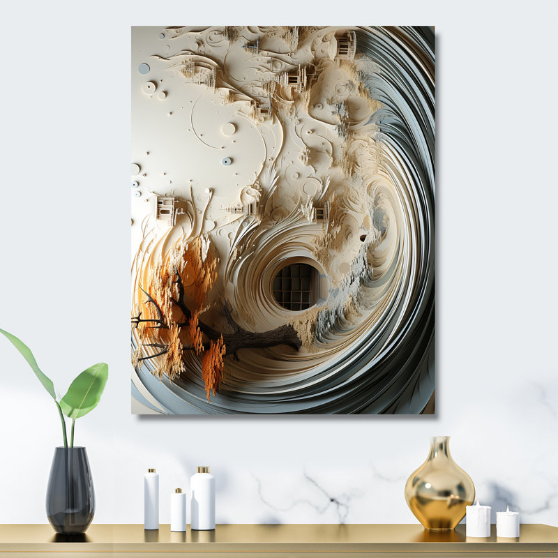 Plume blanche et bleue en spirale III - art mural géométrique en métal, H 32 po x l 16 po x P 1 po