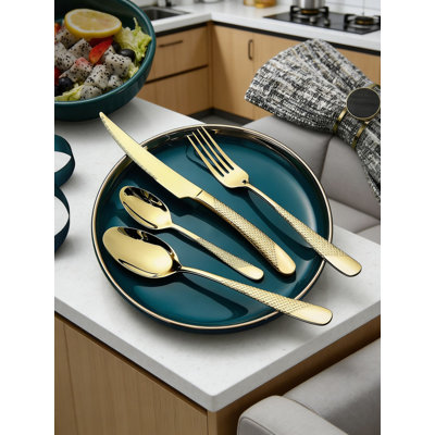 16-Piece Modern Flatware Set For 4, 18/10 Stainless Steel Silverware With Sharp 2-In-1 Serrated Knives, Hammered Finish Dinnerware Utensil Set