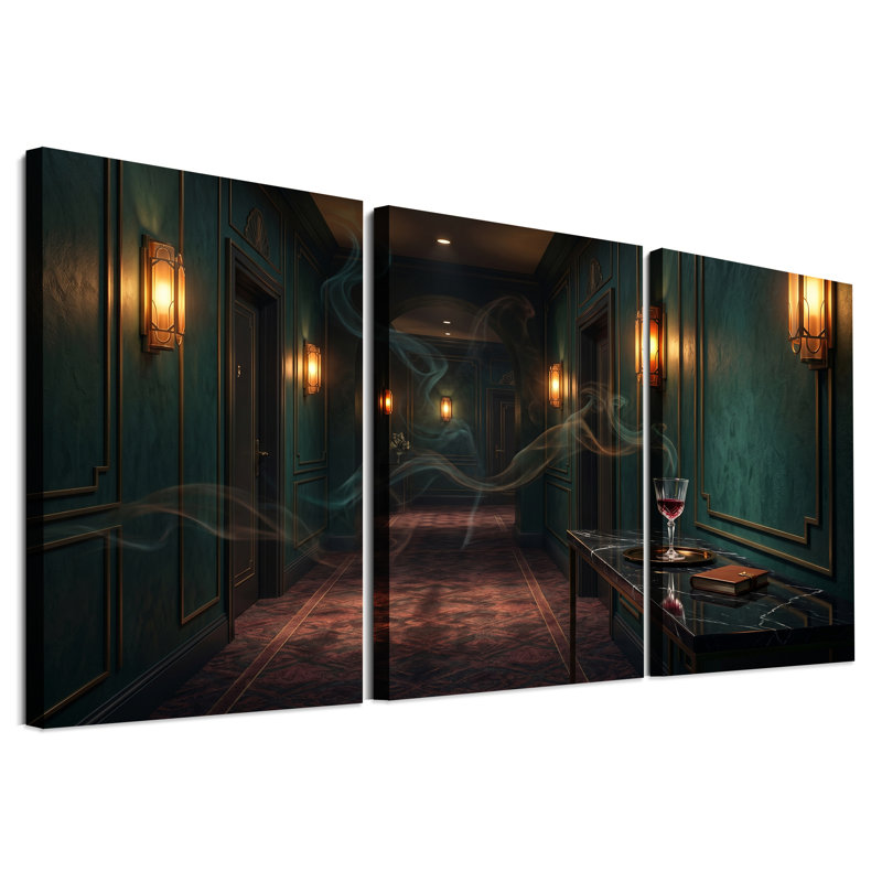 Ensemble de 3 toiles murales sarcelle avec table en marbre et verre à vin, H 24 po x l 16 po x 3 pièces