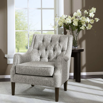 Fauteuil de chambre gris à boutons avec rembourrage doux et base d'appoint en bois massif, gris, pieds, coussin amovible