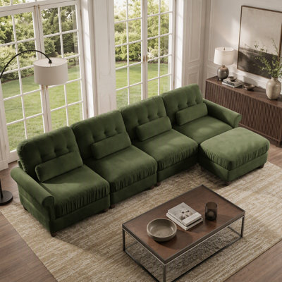 Canapé modulable 4 places en chenille avec un pouf et bord volanté