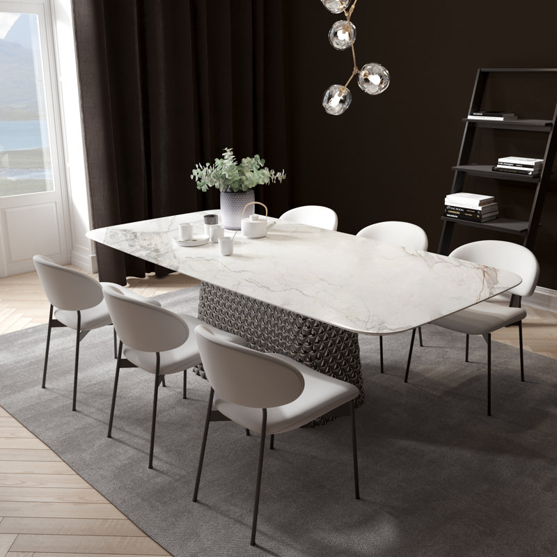 Cherline Modern Rectangular Dining Table with Marble Top & Textured Geometric Pedestal Base
