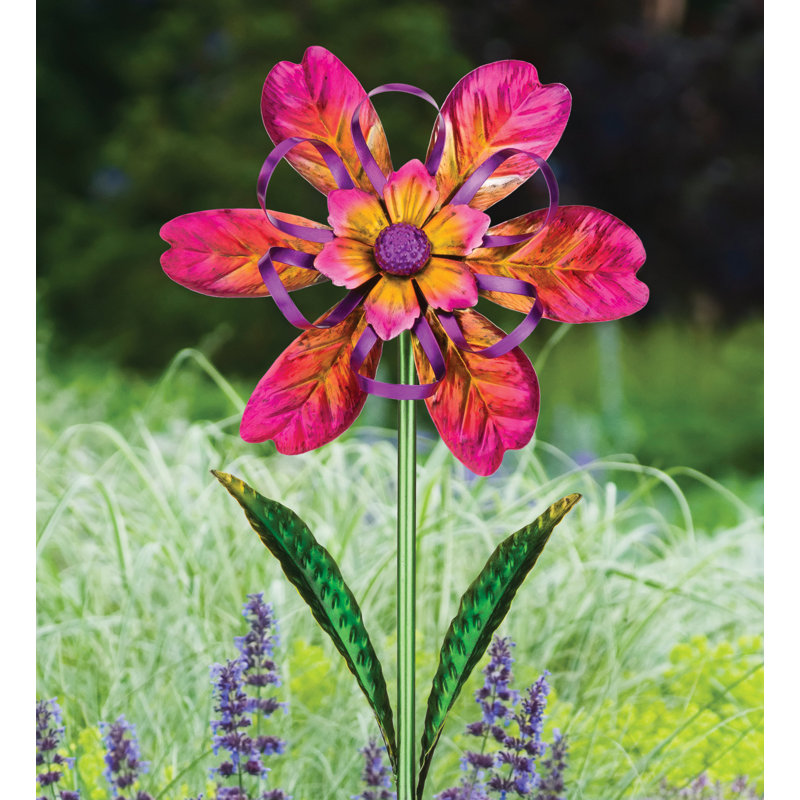 Pink Metal Flower Ribbon Spinner Stake